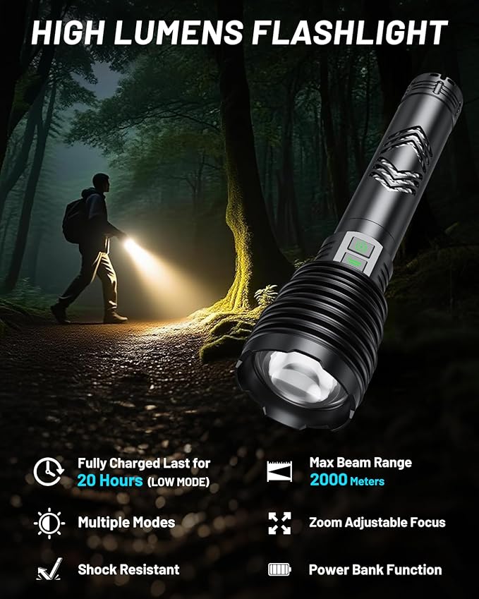 Powerful Flashlights 600000 High Lumens, 10000mAh Battery | 6 Modes with Fast Charge, Super Bright Rechargeable Flashlight IP67 Waterproof & Shock Resistant for Outdoor Activities