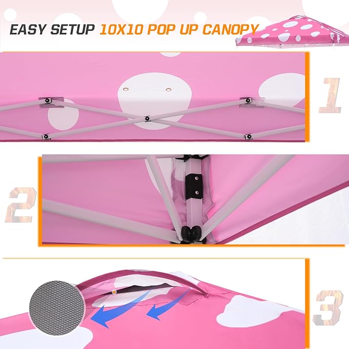 EAGLE PEAK Pop Up Canopy Tent with Wheeled Carry Bag, 8 Stakes, 4 Ropes, 4 Weight Bags, Easy Set Up Tent Canopy, 10x10 ft, 100sqft of Shade, Pink Mushroom