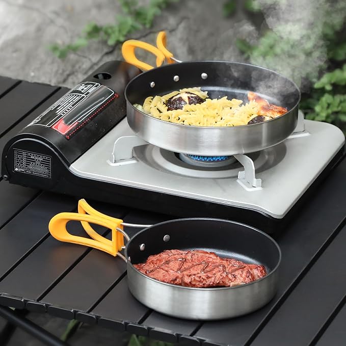 REDCAMP Nonstick Frying Pan Set 2 Piece, 10, 12 Inch Stainless Steel Frying Pan, Lightweight Camping Skillet for Cooking Egg Steak, Outdoor Kitchen Equipment Gear, Portable Backpacking Cooking Pan