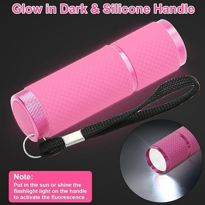 AHIER 9 LED Glow in Dark Flashlights, Rubber Coated Small Flashlights with Straps, Portable Handy Lights for Camping, Hiking, Indoor, Assorted Colors (Pink)