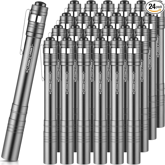 24 Pack Mini Pen Flashlights Bulk LED Pen Lights Aluminum Pocket Flashlights with Clips Small Handheld Torches Gifts for Camping Hiking Emergency Outdoor (Silver Gray)