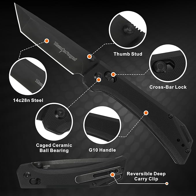 ThundeForged Camping Folding Knife - EDC Folding Knife with Crossbar Lock,14C28N Steel Blade, Black G10 Handle Lightweight Tactical Pocket Knife for Camping Outdoor Survival Hiking