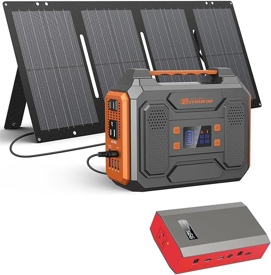 300W Portable Solar Generator with Panel, 65W 110V Portable Power Bank with DC AC Outlet with Solar Panel Charger 60W Set for Laptop Smart Devices Tent Camping Outdoor Hiking Power Outage