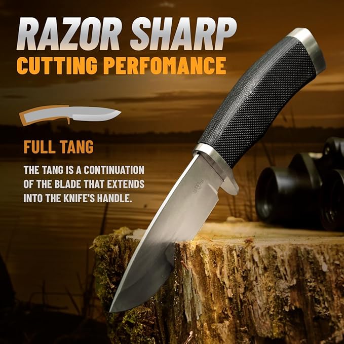 Hunting Knife with Sheath Survival Knives for Men - Best Tactical Camping Hunting Hiking Knife - Bushcraft Field Gear Accessories Tool - Fixed Blade Sharp Knofe with Rubber Handle for Men 148109