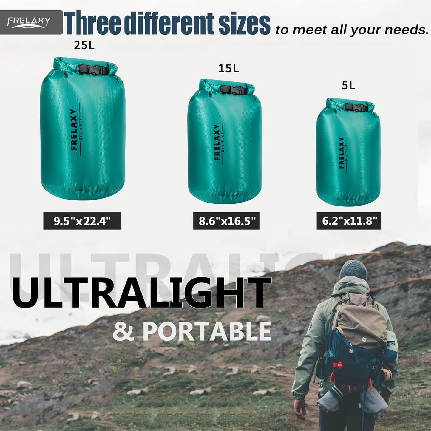 Frelaxy Waterproof Dry Bag 3 Pack, Lightweight Ripstop Dry Sack Set