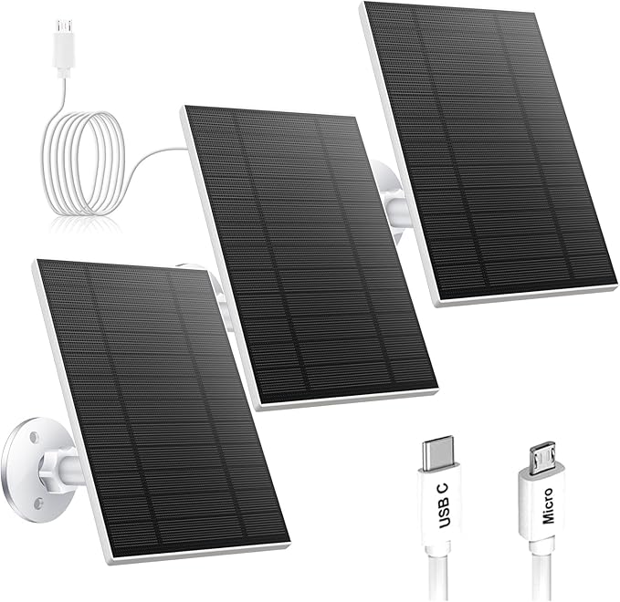 3PC 5W Solar Panel for Security Camera, Solar Panel with Micro USB & USB-C Port for DC 5V Outdoor Rechargeable Battery Camera, IP65 Waterproof, 360° Adjustable Security Mount, 9.8ft Cable