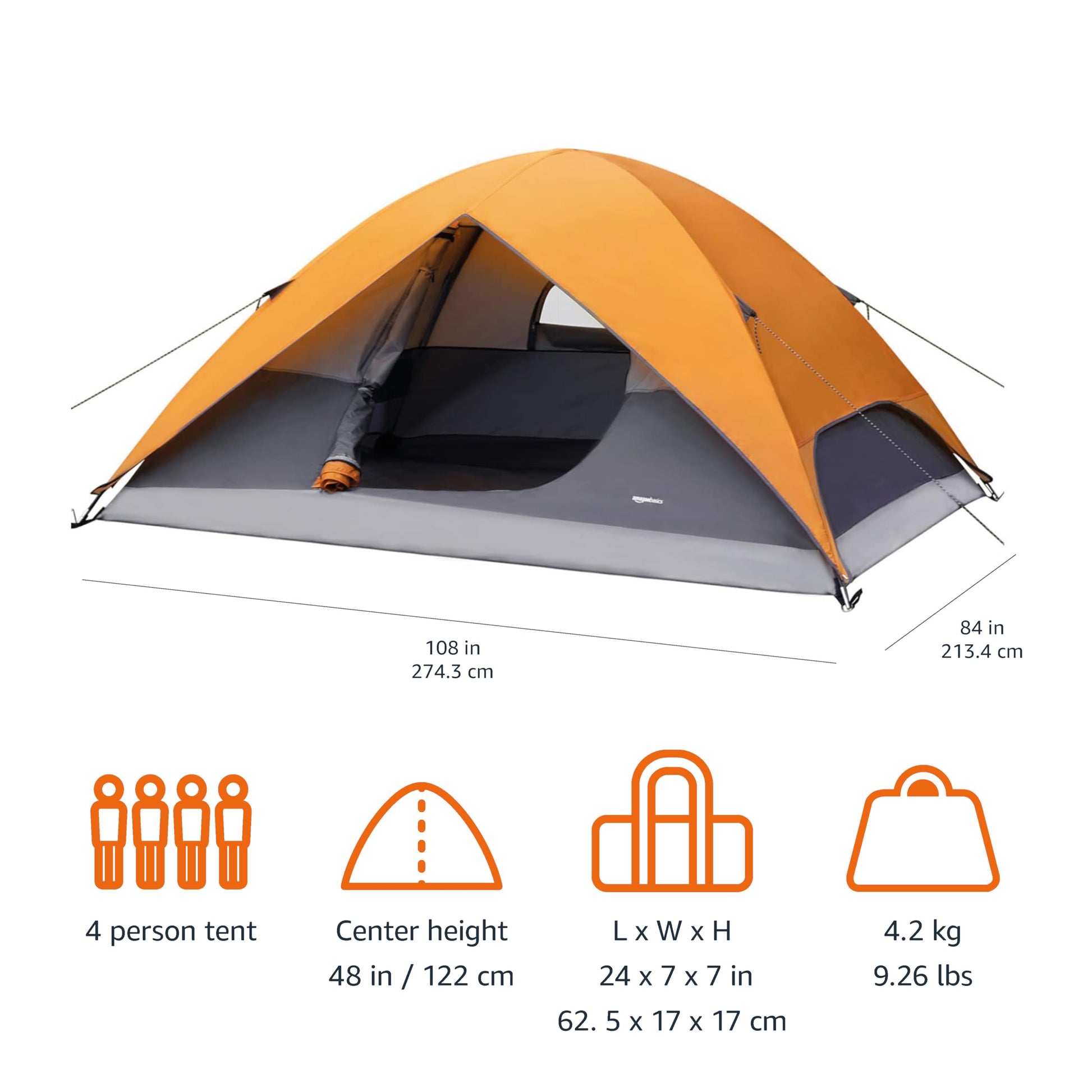 Amazon Basics 4-Person Camping Tent with Quick Setup, Spacious Interior, Ventilation Design