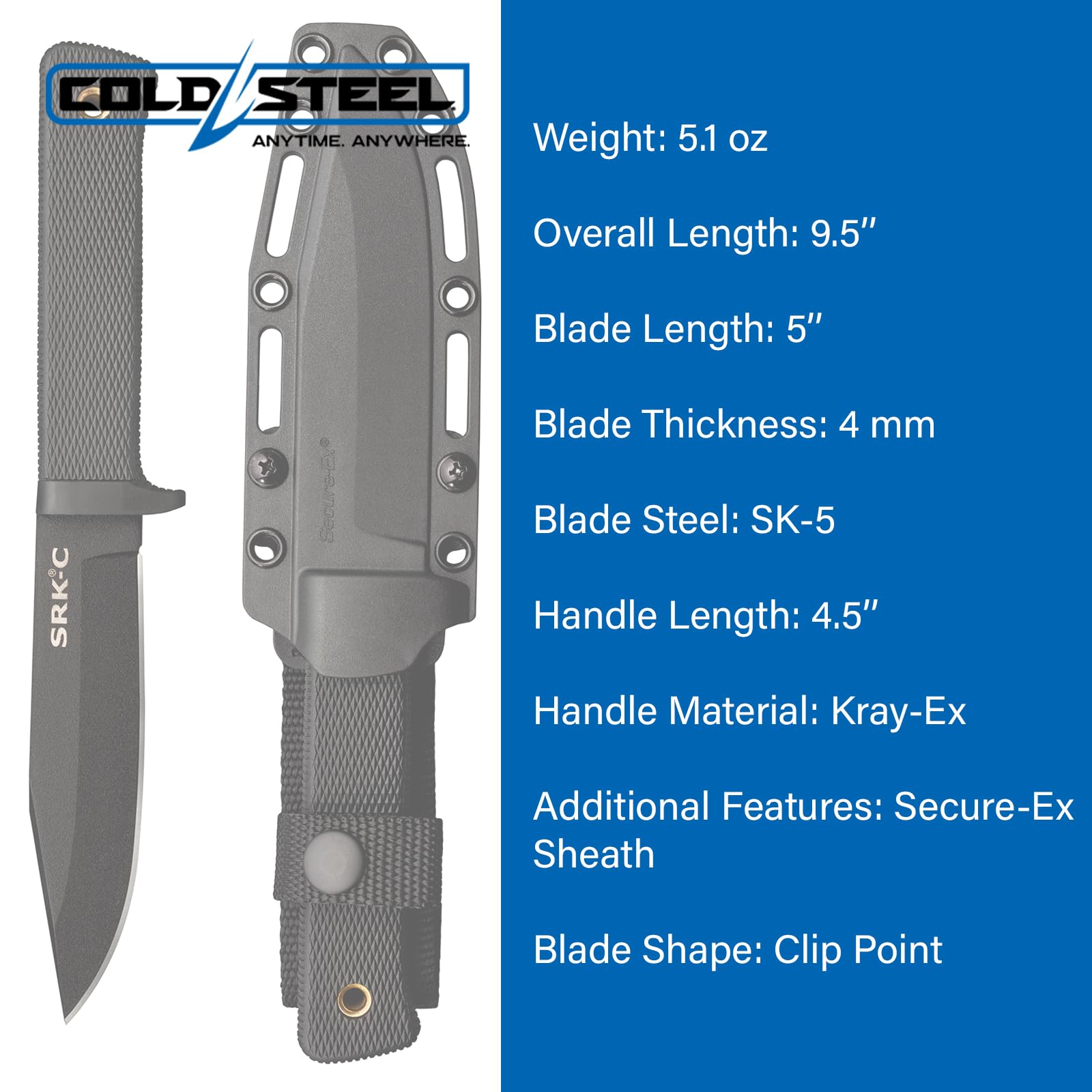 COLD STEEL SRK Compact 5" SK-5 Clip Point Razor-Sharp Blade 4.5" Durable Kray-Ex Handle Tactical