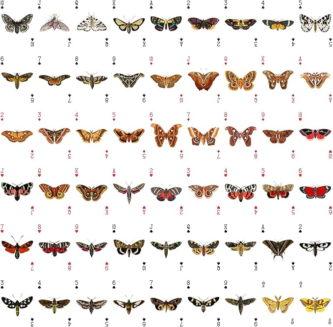 MYSTIC MOTH MENAGERIE Playing Cards (Poker Deck 54 Cards All Different) Rare Vintage Moth Species on Unique Poker Playing Cards for Nature Fans and Lepidoptera Collectors Vintage Illustration