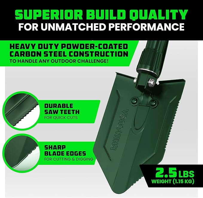 RHINO USA Folding Survival Shovel w/Pick - Heavy Duty Carbon Steel Military Style Entrenching Tool for Off Road, Camping, Gardening, Beach, Digging Dirt, Sand, Mud & Snow - Green