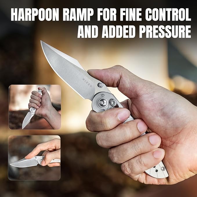 Kizer Mini Mystic Pocket Knife, 3.2" Nitro-V Blade EDC Knife with Gray Aluminum and Acrylic Handle, Camping Folding Knife with Clutch Lock, Hunting Survival knife with Thumb Stud Opener, V3636A1