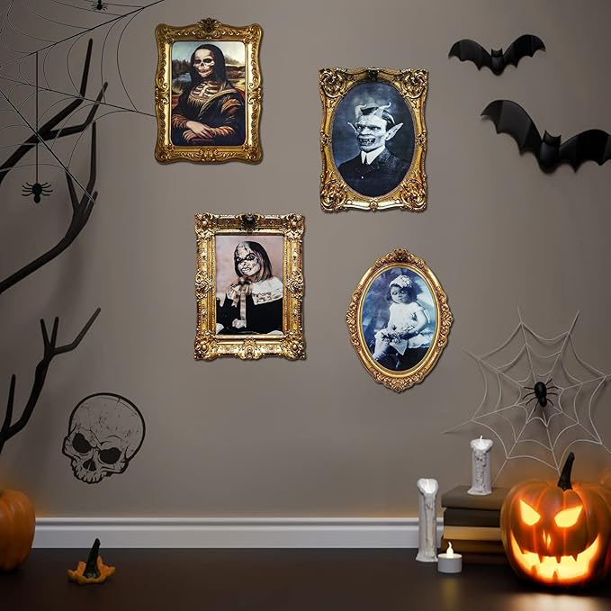 ECGER Halloween Decorations Indoor, Haunted Scary Decor - 3D Changing Face Pictures, Vintage Moving Wall Portraits Frame, For Horror Spooky Party Mansion Castle House Home Decoration(4 Pieces)