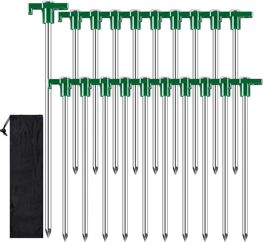 20 Pack Tent Stakes Heavy Duty, 9.6 Inch Camping Stakes, Non-Rust Metal Tent Pegs, Ground Stakes Yard Stakes with Drawstring Bag for Camping Backyards Outdoor Picnic (Green)