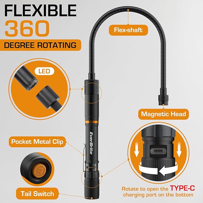 EverBrite Multi-Functional Rechargeable Work Light, Flexible LED Flashlight with 3 Light Modes (White, Red, UV), Telescoping Magnetic Pickup Tool, Christmas Birthday Gifts for Men, Dad, Husband