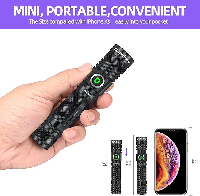 DARKDAWN UV Flashlight 395nm Black Light USB Rechargeable Ultraviolet LED Blacklight Powerful Fluorescent Woods Lamp Portable Mini Detector for Pet Urine Stains, Gem, Scorpions, Resin Curing, 2 Pack