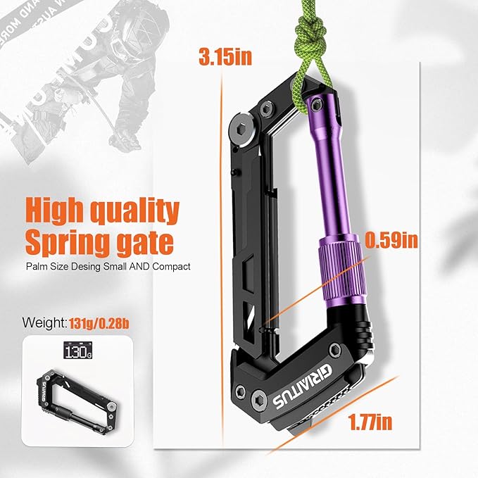 Carabiner Multitool with Pocket Knives, EDC Carabiners, Serrated Knife, Rope Cutter, Screwdriver, Can Bottle Opener, Ruler, Folding Knife for Camping Hiking, Gifts for Men (Purple)