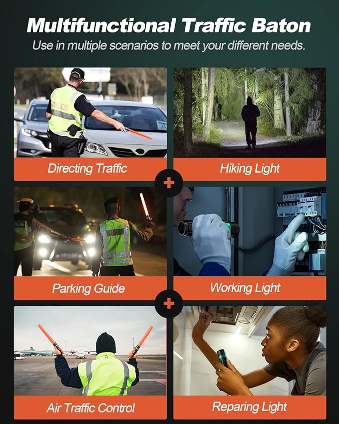 RoadHero 2 Pack Traffic Wand, 16 Inch Flashlight Led Traffic Control Baton, Small Orange Safety Wands, Air Marshaling Wand with 5 Flashing Modes, Night Signal Light for Airport, Parking Directing