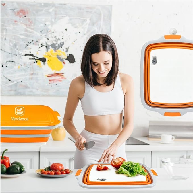 Collapsible BBQ Prep Tubs with Lids, Grill Cutting Board, Camping Sink with Drainage Hole for Meal Prep, Fruit Wash and Food Storage, Marinating Container,16L Orange Tub 20"