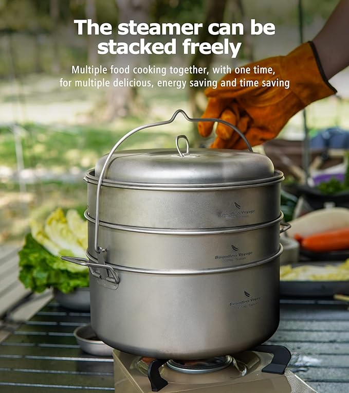 Boundless Voyage Titanium 4.5L Hanging Pot with Steaming Rack Folding Handle Outdoor Camping Cooking Stockpot Steamer Set