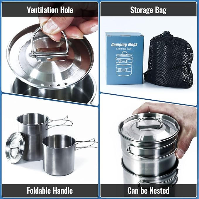 Foldable Camping Cups Mugs Camping Pot Cookware 304-Food-Grade Outdoor Camp Cooking Set with Vented lid,Stainless Steel Backpacking Cookware for Hunting