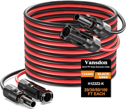 2x100 Feet Solar Panel Extension Cable, 12AWG Solar Panel Cable Solar Wire with Female and Male Waterproof Connectors for RV, Photovoltaic Systems (100FT Red + 100FT Black)