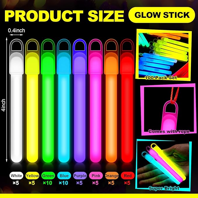 Lewtemi 50 Set 4'' Glow Sticks Bulk, Hallowee Glow in The Dark Party Supplies, Emergency Light Sticks with Lanyard, for Birthday, Light up, Neon, Halloween Theme Party Favors