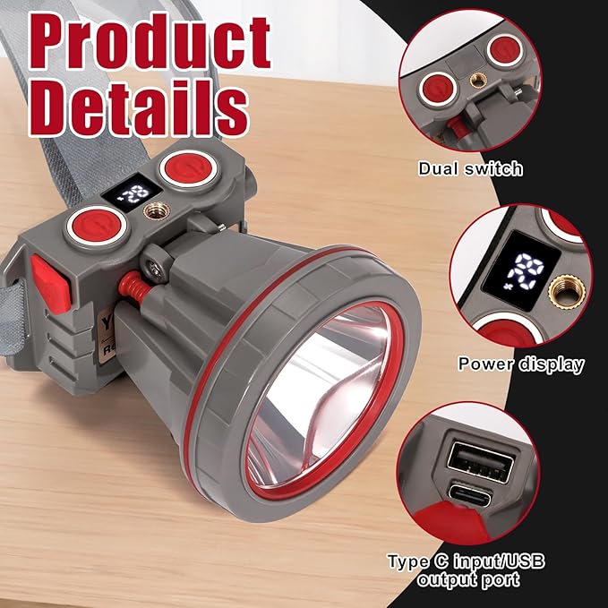 Super Bright Coon Hunting Headlamp, High Lumen LED Headlight with Battery Level Display, Waterproof Rechargeable Spotlight, Hands-Free 2 Light Modes for Hunting & Outdoor Activities (White Light)