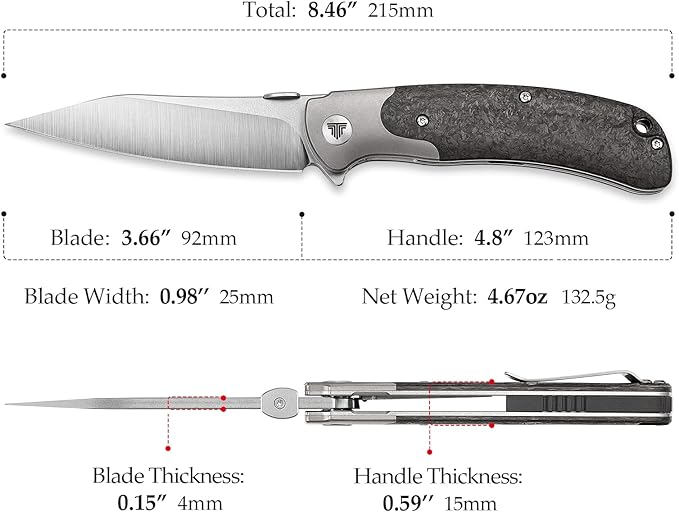 Flipper Folding Knife for Men, Pocket Knife with Clip, 3.66" CPM S35VN Steel Wharncliffe Blade, Ti Bolster and Thumb Disk,Carbon Fiber Scales for EDC Camping Outdoor,UMa-05
