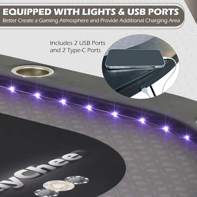 LED Poker Table, 84" 10 Player Foldable Texas Holdem Table w/Inlaid LED Light, 2 USB & 2 Type-c Ports, Portable Blackjac for Texas Card Game w/Cup Holders and Padded Rails (Black)