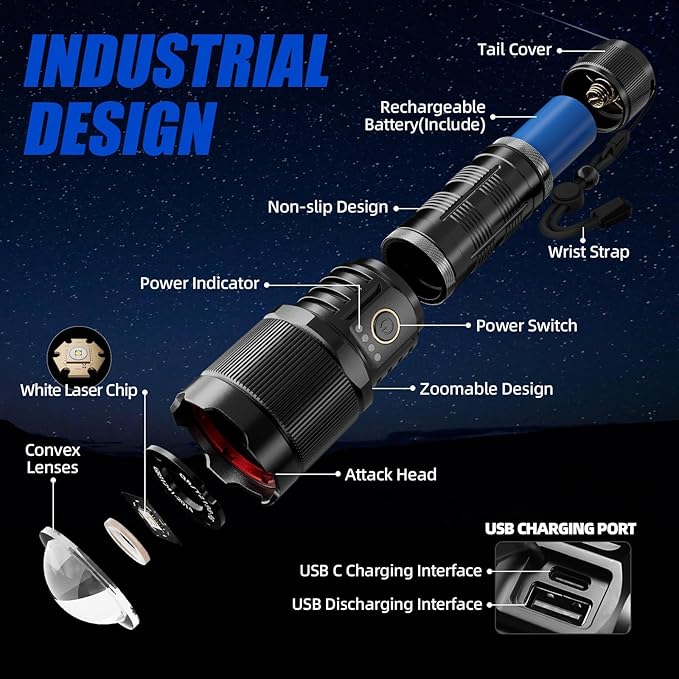 Flashlights High Lumens 990000 LED Rechargeable Tactical Flashlight Zoomable 3 Modes Fast Charging IPX6 Waterproof Super Bright Black Handheld Flashlights for Camping Hiking Outdoor and Gift