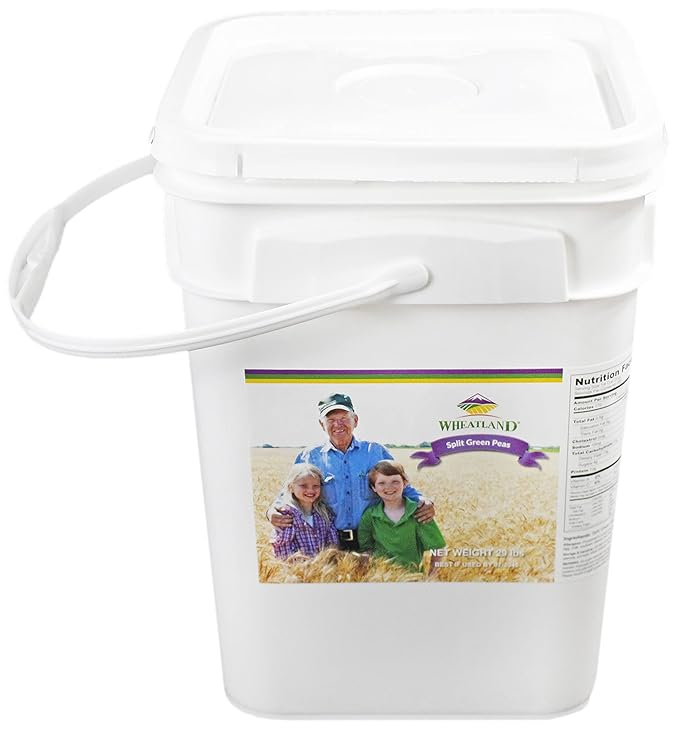 Wheatland Green Split Peas • Grown by Family Farmers in Utah/Idaho • 20 lb Bucket with Mylar liner • Non-GMO • Lab Tested Chemical-Free • Emergency Food Storage • 25 year Shelf Life • Premium Quality