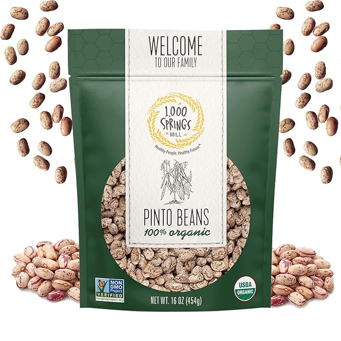 1000 Springs Mill - Organic Pinto Beans | Used for Soups, Stews, Dips, Chili, Burritos, Refried Beans and more | Bulk Dry Brown Beans | Resealable Bag | Vegan Friendly | 16oz (Pack of 1)