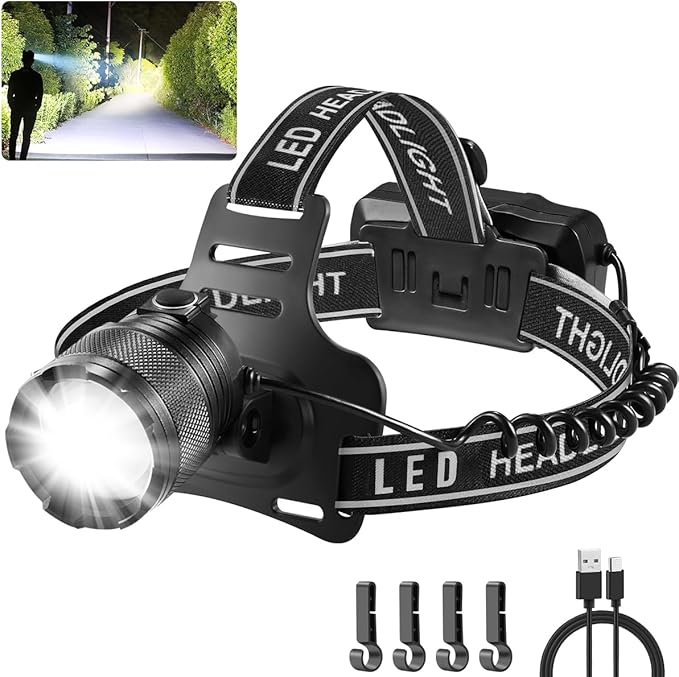 Super Bright Aluminum Headlamp, Rechargeable Headlamp High Lumen L9000, 90° Adjustable Focus Head Lights for Forehead, Head Lamps LED Rechargeable, Waterproof Headlamps for Adults Camping Hard Hat