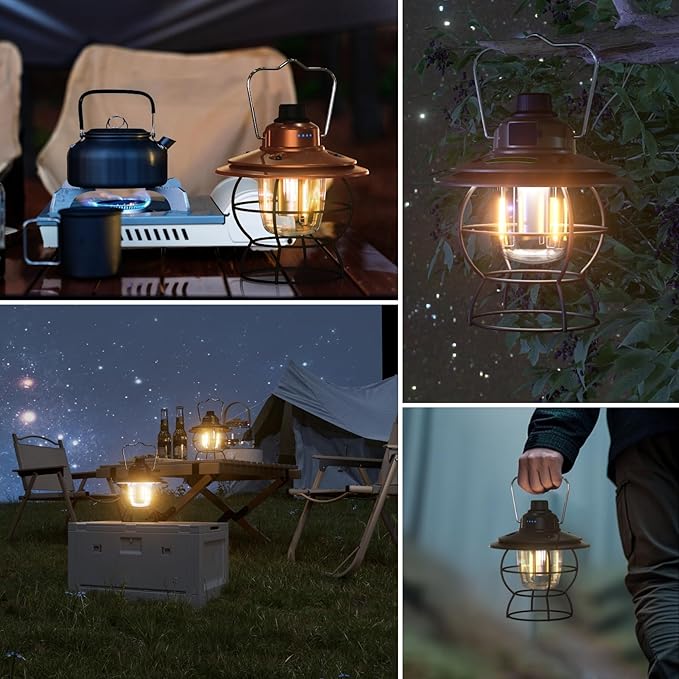 LED Camping Lantern Rechargeable Dimmable, Portable Vintage Outdoor Lantern 2700-6500K Waterproof, Hanging Retro Lamp Indoor Outdoor for Garden, Hiking, Emergency, Black