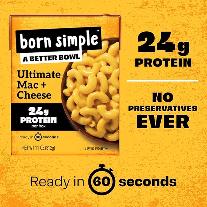 Born Simple Ready to Eat Meals with Sporks, Ultimate Mac and Cheese, Improved Recipe - 24g Protein, Prepared Meal, Microwavable Entree, 11 oz (Pack of 6)