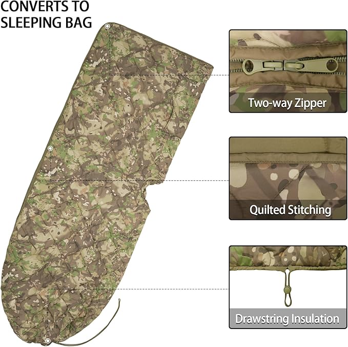 Poncho Liner Hoodie with Pocket Insulated Military Sleeping Bag Water Resistant for Outdoor Camping Travel Survival Hunting Car Emergency