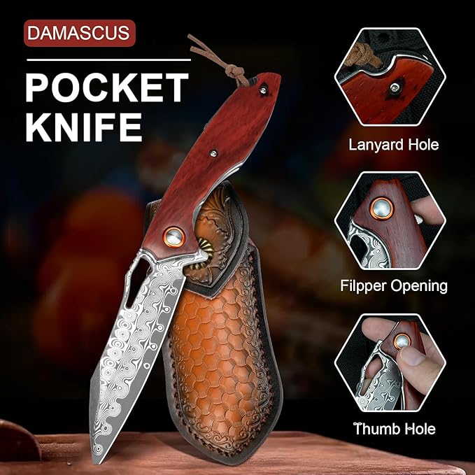 Damascus Pocket Knife 3.5" Damascus Steel Blade Foldable Knives with Wooden Handle EDC Camping Folding Knives for Outdoor Men Women Christmas Birthday Gifts