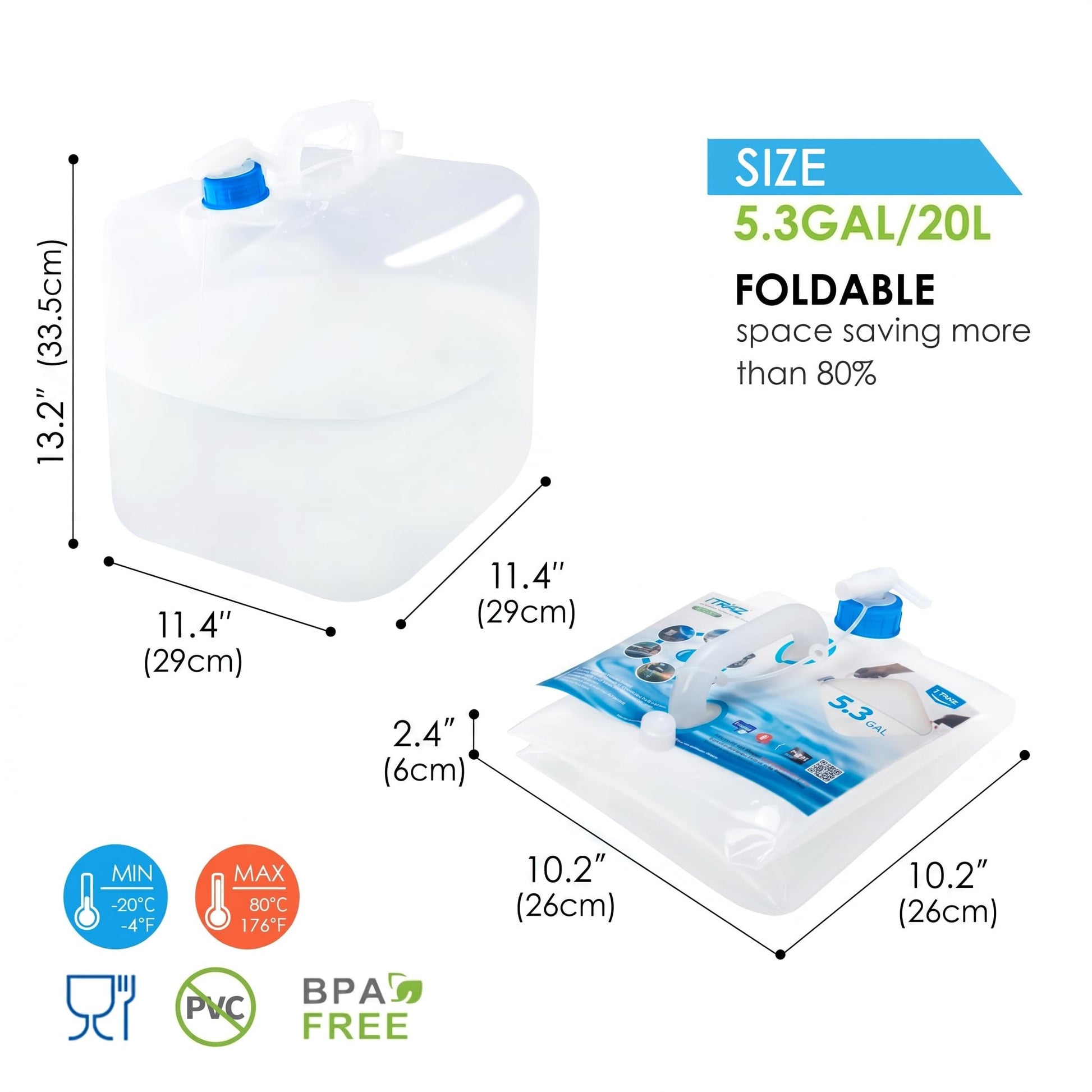 ITRAZ BPA-Free Collapsible Water Container with Spigot, 5.3 Gallon 2-Pack