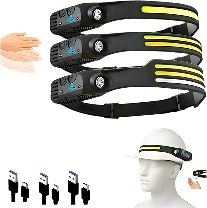 3-Pack Rechargeable LED Headlamps ??High-Power USB Headlights COB Floodlight & Motion Sensor ??Super Bright, Adjustable Beam, Water-Resistant ??Ideal for Camping, Work, Fishing, Biking, Running