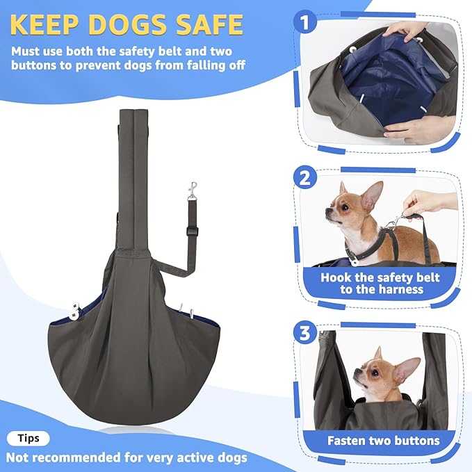 SlowTon Dog Carrier Sling - Thick Padded Shoulder Strap Adjustable Dog Carriers for Small Dogs, Puppy Carrier Purse for Pet Cat with Front Zipper Pocket Safety Belt Machine Washable (Grey L)