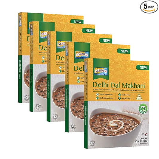 Ashoka Gluten-Free Meals, Microwave Ready Vegan Black Gram & Kidney Beans, Heat & Serve Meals, All-Natural Delhi Dal Makhani, Kosher Certified, Great for the Outdoors, No Preservatives, Pack of 5