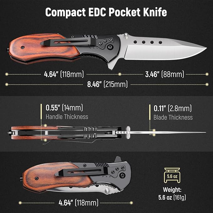 Pocket Knife for Men - 3.46" Sharp Blade Wood Handle Pocket Folding Knives with Clip, Glass Breaker - EDC Knives for Camping Survival Fishing Outdoor Hiking Women Men,Black-Silver
