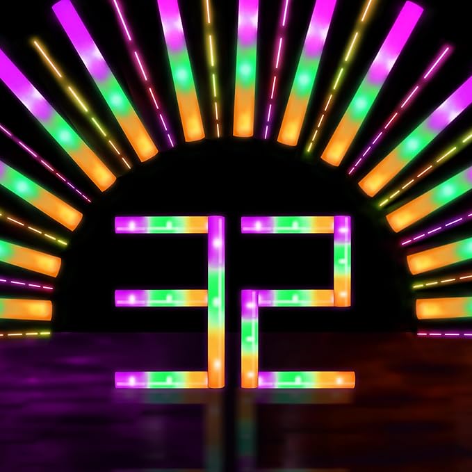 32 Packs 16 inch Foam Glow Sticks Bulk, 3 Color LED Light Foam Sticks, Glow in The Dark Party Supplies, 3 Modes Colorful Flashing for Birthday Halloween Thanksgiving Xmas Party Wedding