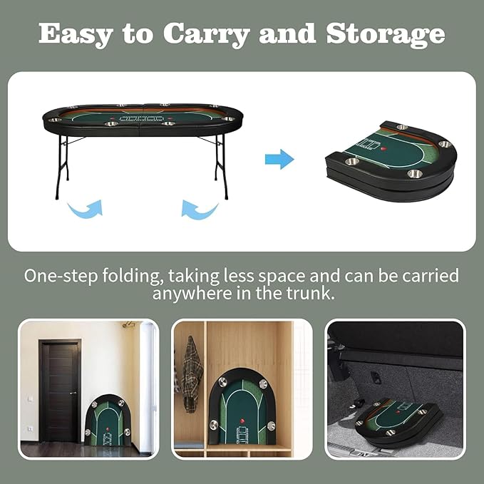 Upgraded 8- Player Foldable Poker Table for Blackjack Card Game, Portable Casino Table for Game Room with Stainless Steel Cup Holder, Padded Rails, Green Felt Surface