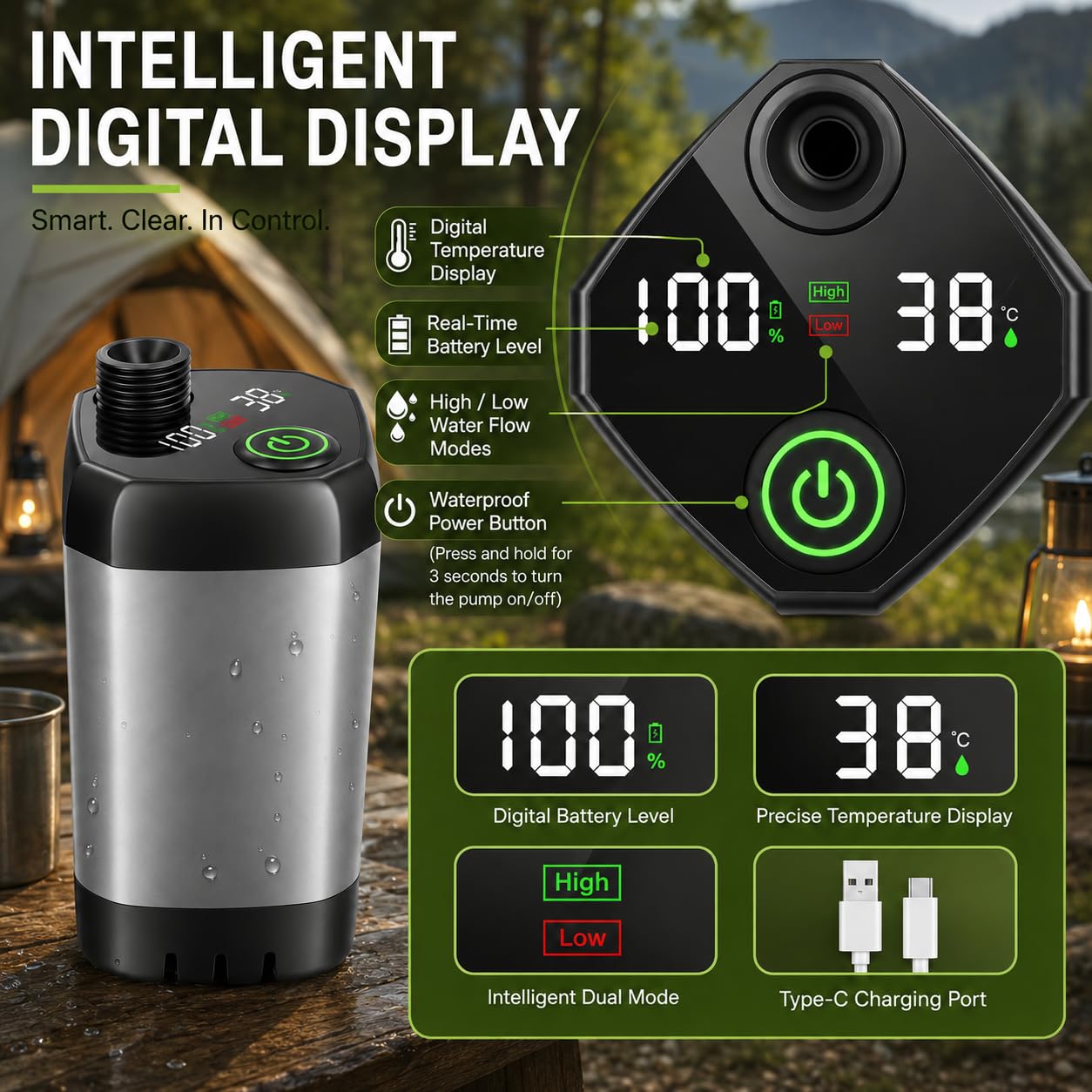 ELZONYX Portable Shower for Camping, 6000mAh Rechargeable Camping Shower with Intelligent LED