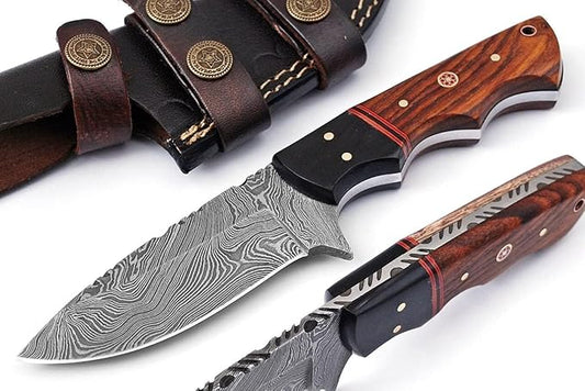 Custom Handmade Fixed Blade Hunting Damascus Knife - 8 Inch hand Forged Full Tang Rose Wood & Micarta Handle Knives For Hunting, Outdoor Camping, Hiking, Fishing, Bushcraft Knives With Leather Sheath