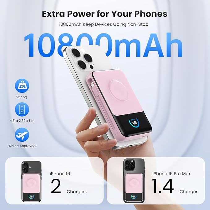 Magnetic Portable Charger 10800mAh with Built-in Cables,5-in-1 Qi2 Certified 15W Wireless Power Bank with iWatch Charger,30W PD Fast Charging USB-C Battery Pack for iPhone 17/16/15/14/13/12-Pink