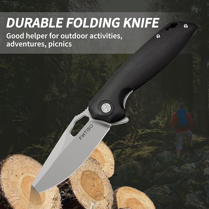 FINTISO Pocket Knife 3.38" Folding Knife Premium 14C28N Blade G10 Handle, Camping Survival Hiking Knife, Best Gift for Men Women, Atlas Series