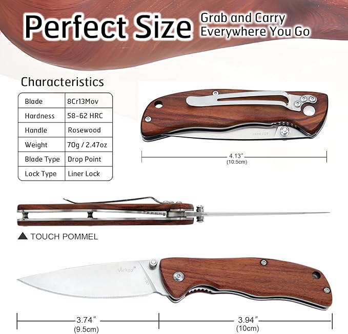 Vickay Pocket Knife for Men, Folding Knife with Clip, 3.74" 8Cr13MoV Steel Blade, Wood Handle EDC Knife for Outdoor Capmping, Tactical, Hunting and Fishing Gift