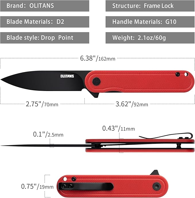 G040 Pocket Knife, 2.75'' D2 Steel Blade G10 handle, Small EDC Knife with Pocket Clip for Men Women, 2.1oz